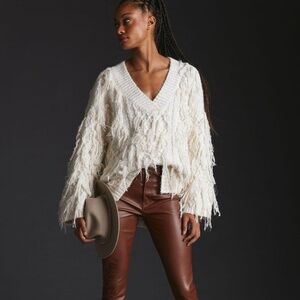 NWT Anthropologie White Fringed Pullover Sweater Large
